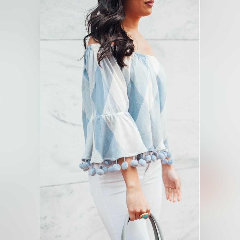 Tularosa Gingham Plaid Pompom Off-Shoulder Top